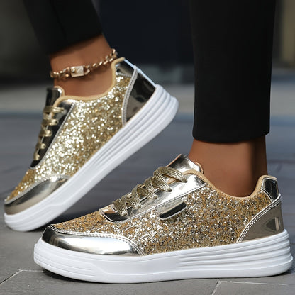 Damen Glitzer Sneaker – Modische Freizeitschuhe mit Plateau und Glamour-Look