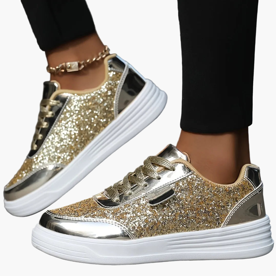 Damen Glitzer Sneaker – Modische Freizeitschuhe mit Plateau und Glamour-Look