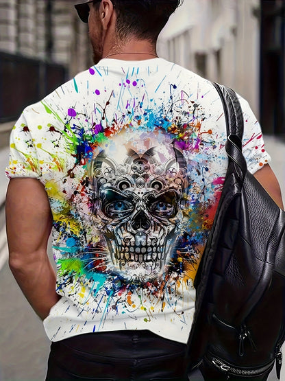 Herren T-Shirt mit Totenkopf-Grafik und Farbspritzer-Design – Urban Streetwear für große Größen
