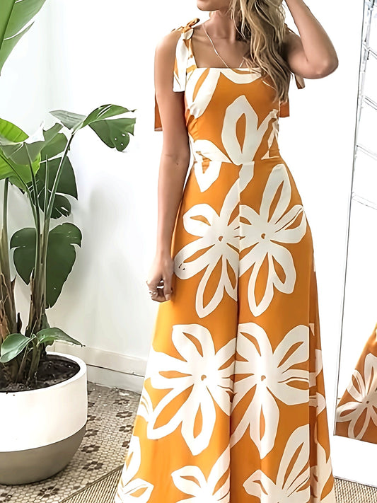 Damen Sommer Maxikleid Elegant mit Blumenmuster und Schleifen-Trägern – Perfekt für Urlaub & Gartenparty