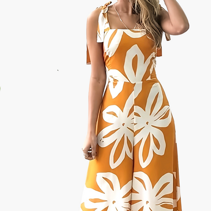 Damen Sommer Maxikleid Elegant mit Blumenmuster und Schleifen-Trägern – Perfekt für Urlaub & Gartenparty
