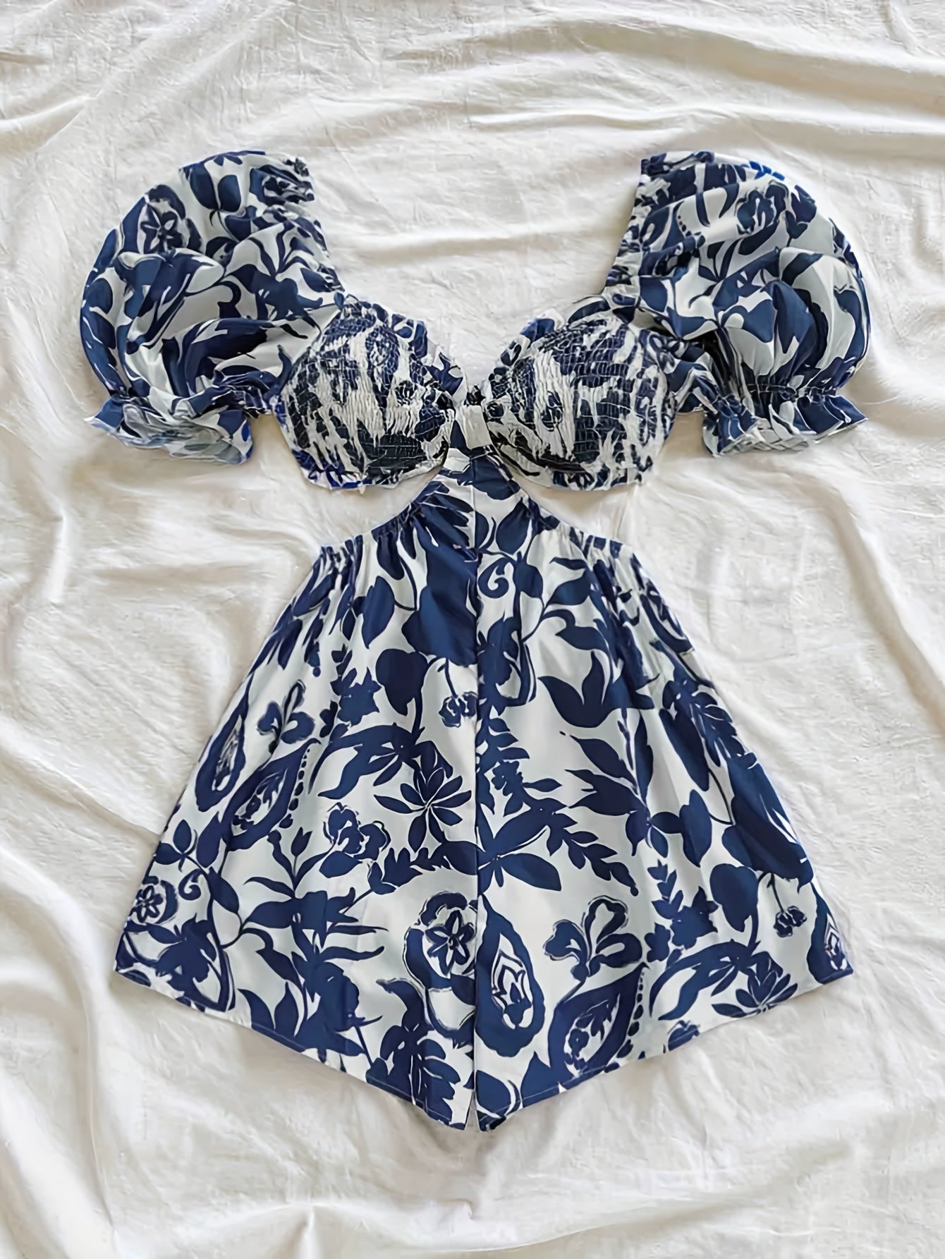 Damen Jumpsuit mit Tropenmuster und Puffärmeln – Perfekt für Urlaub, Strand & Sommerfeste