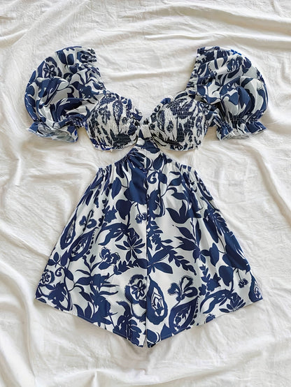 Damen Jumpsuit mit Tropenmuster und Puffärmeln – Perfekt für Urlaub, Strand & Sommerfeste