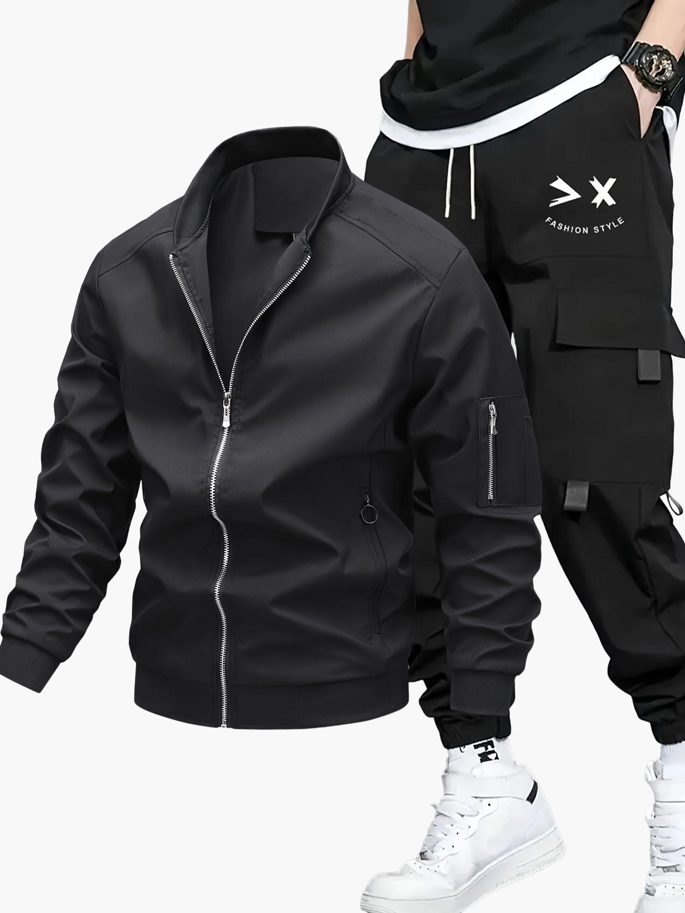 Herren Streetwear Trainingsanzug Set – Bomberjacke & Cargohose, Urban Freizeitlook