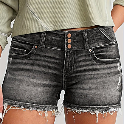 Damen Jeans Shorts mit Fransen und Knopfleiste – Lässiger Sommer-Style