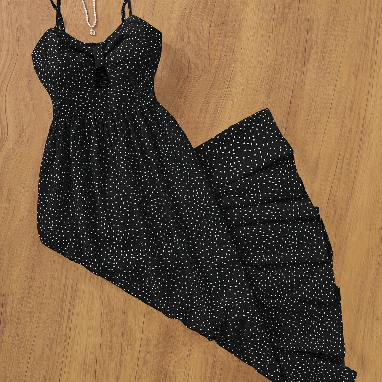 Damen Maxikleid Polka-Dot mit Rüschenrock und Spaghettiträgern – Vintage-inspiriertes Sommerkleid für besondere Anlässe