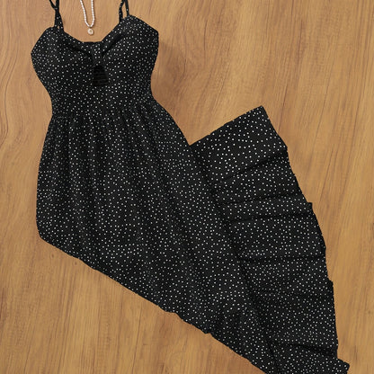 Damen Maxikleid Polka-Dot mit Rüschenrock und Spaghettiträgern – Vintage-inspiriertes Sommerkleid für besondere Anlässe