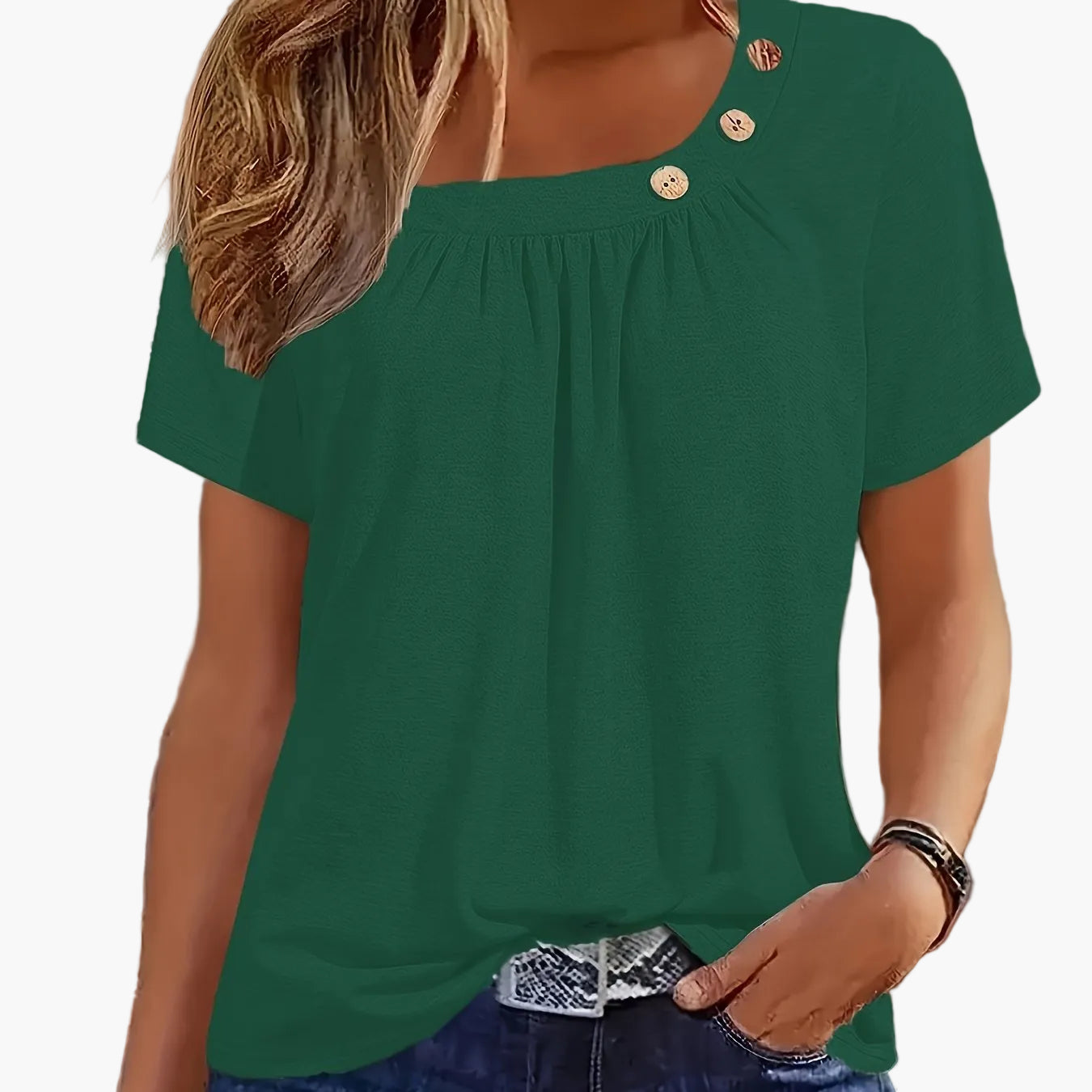 Damen Shirt mit asymmetrischem Ausschnitt und Knopfdetails – Modisches Freizeitoberteil, elegant und vielseitig