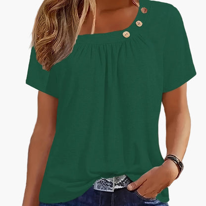 Damen Shirt mit asymmetrischem Ausschnitt und Knopfdetails – Modisches Freizeitoberteil, elegant und vielseitig