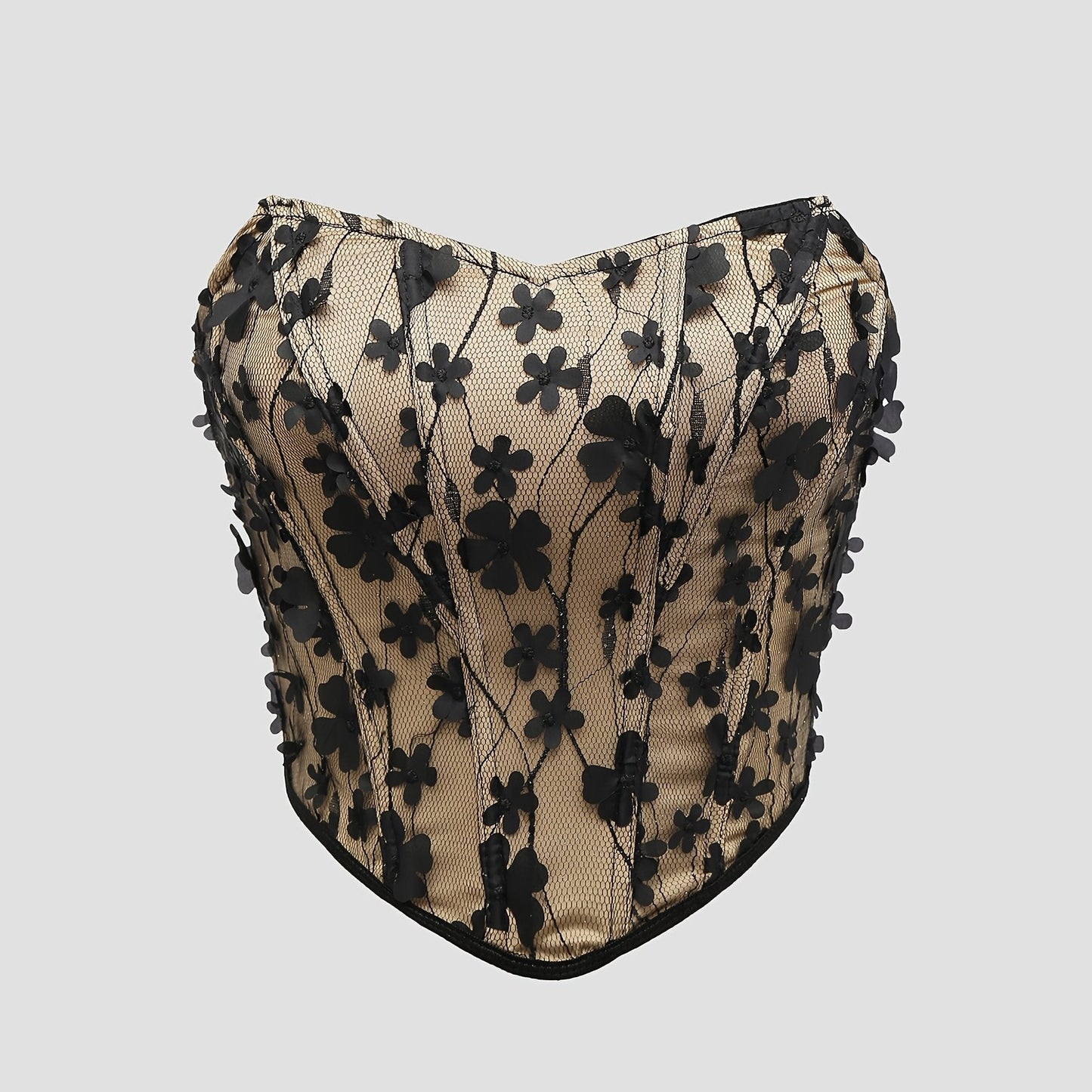 Damen Korsagen-Top mit 3D-Blumenstickerei und Herzausschnitt – Eleganter Party- und Abend-Look