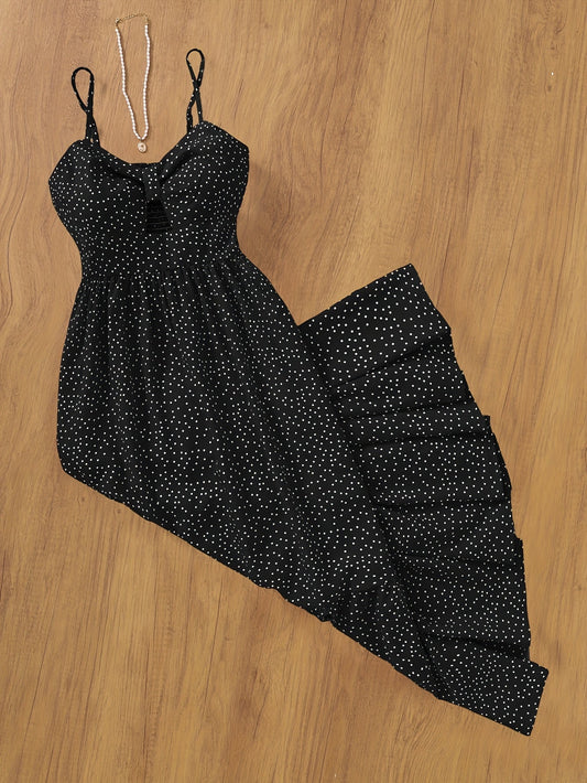 Damen Maxikleid Polka-Dot mit Rüschenrock und Spaghettiträgern – Vintage-inspiriertes Sommerkleid für besondere Anlässe