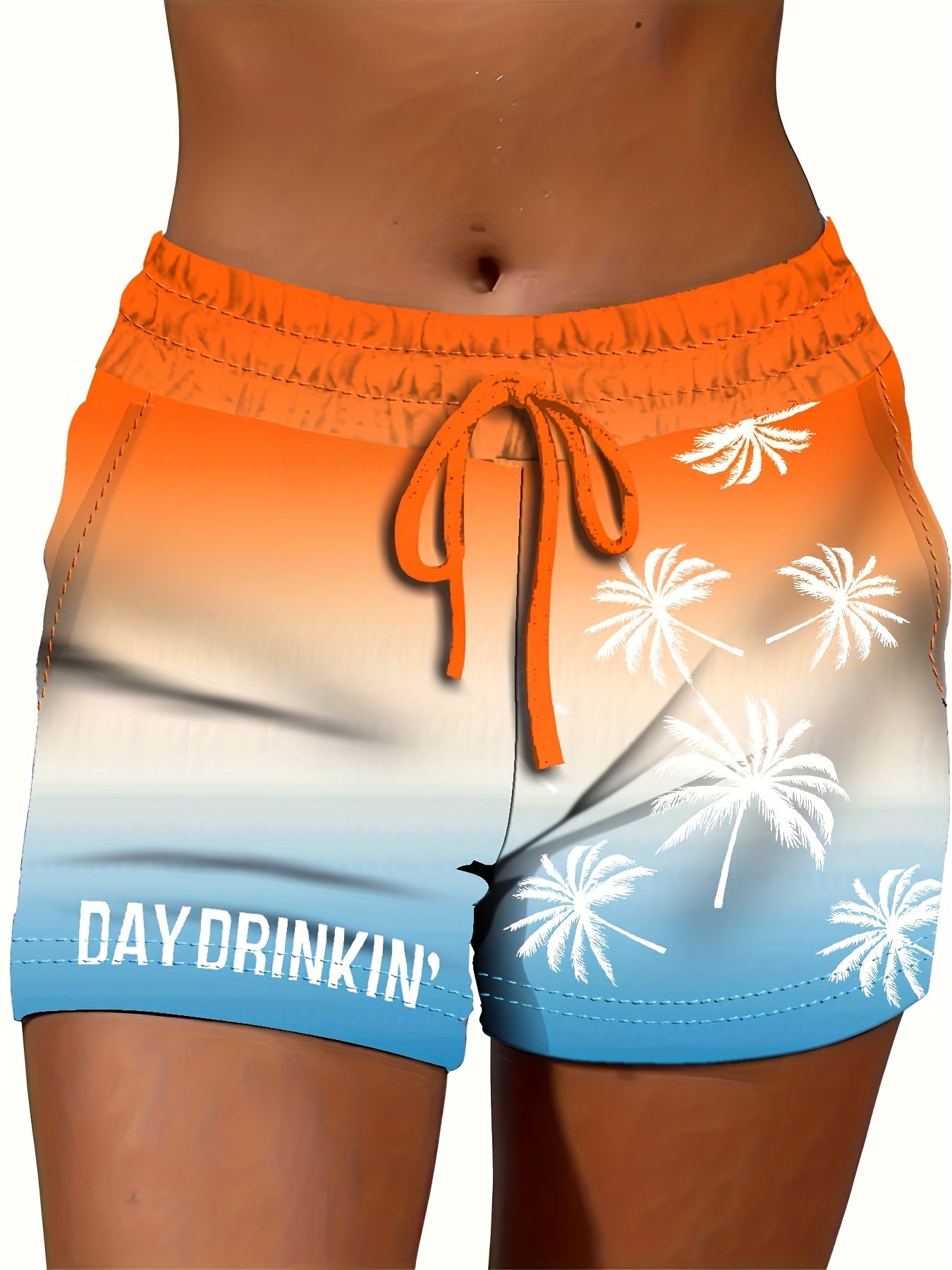 Damen Freizeits-Shorts mit Palmenprint und „Day Drinkin'“-Schriftzug – Sommer Urlaubsstyle