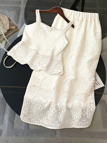 Damen Zweiteiler Set Spitzen Top und Midirock Elegant für Alltag und Feiern