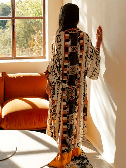 Damen Boho Kimono Lang mit Ethno-Muster – Eleganter Langer Morgenmantel für Strand & Freizeit