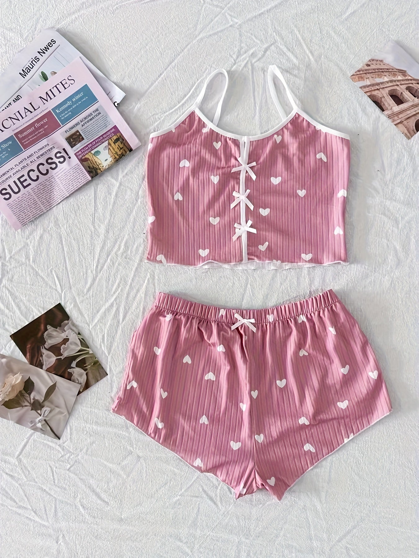 Damen Pyjama Set mit Herzchen-Muster und Schleifen – Zweiteiliger Schlafanzug, bequem & süß, ideal für Sommer