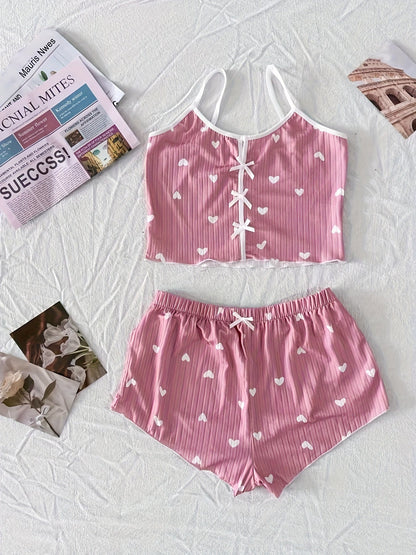 Damen Pyjama Set mit Herzchen-Muster und Schleifen – Zweiteiliger Schlafanzug, bequem & süß, ideal für Sommer
