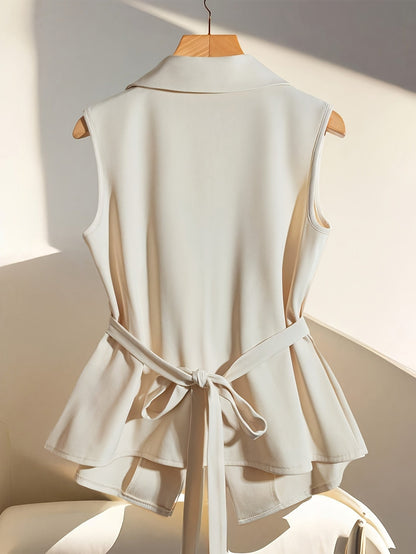 Damen Elegante Ärmellose Weste mit Taillengürtel und Reverskragen – Business & Freizeit Chic