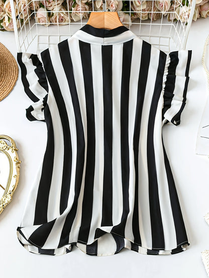 Damen Bluse Elegant mit Schleifenkragen und Streifenmuster – Büro & Alltag