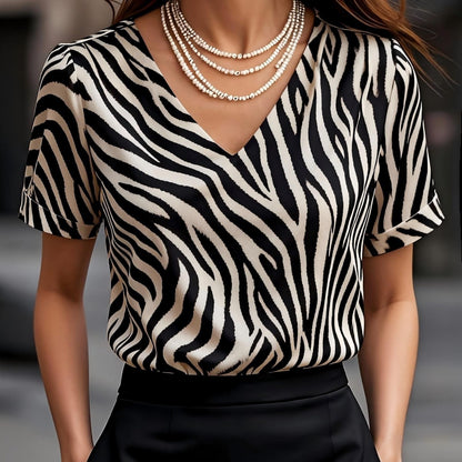 Damen Zebra-Print Bluse mit V-Ausschnitt – Elegante Kurzarm Business & Freizeit Bluse