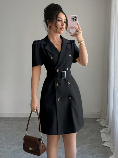 Damen Blazerkleid Elegant Business Kurzarm mit Gürtel – Stilvolles Sommerkleid für Büro & besondere Anlässe