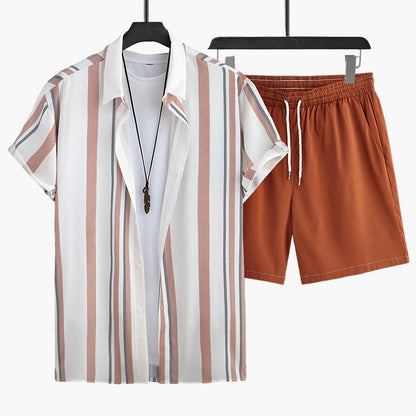 Herren Freizeit Set – Gestreiftes Kurzarmhemd mit T-Shirt und Shorts, Sommer Outfit für Alltag und Urlaub