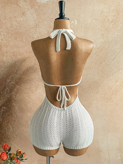 Damen Häkel-Strand-Overall mit tiefem Ausschnitt und Halterneck – Boho Stil für Sommer & Urlaub