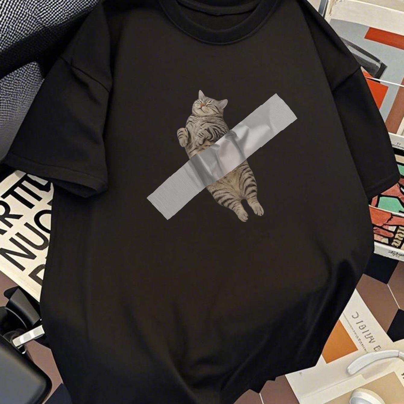Herren T-Shirt mit lustigem Katzen-Print und Tape-Motiv – Lockeres Streetwear für Alltag & Freizeit