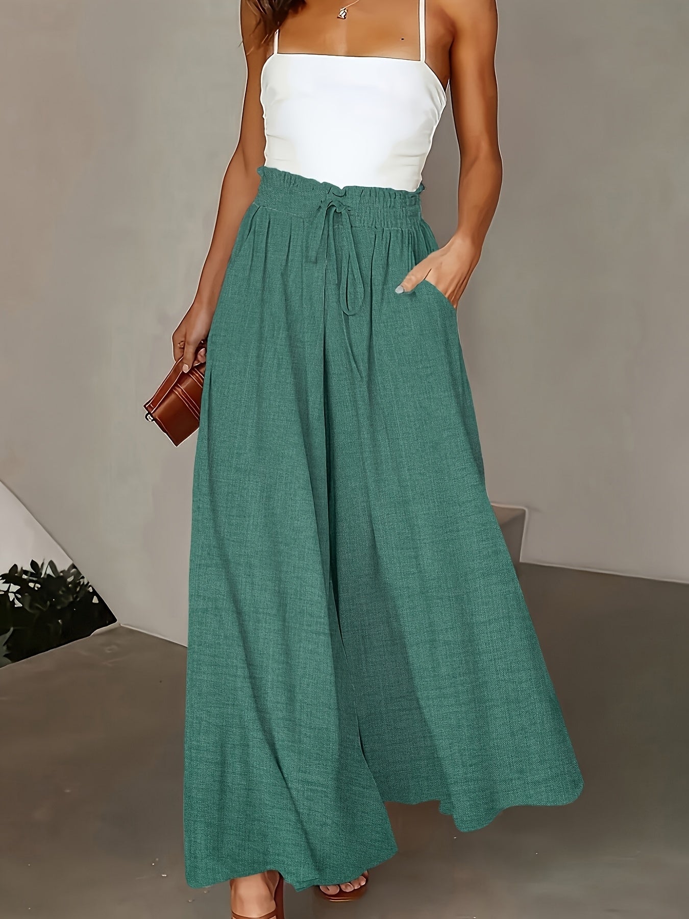 Damen Elegante Weite High Waist Palazzo Hose mit Taschen – Perfekt für Alltag und Büro
