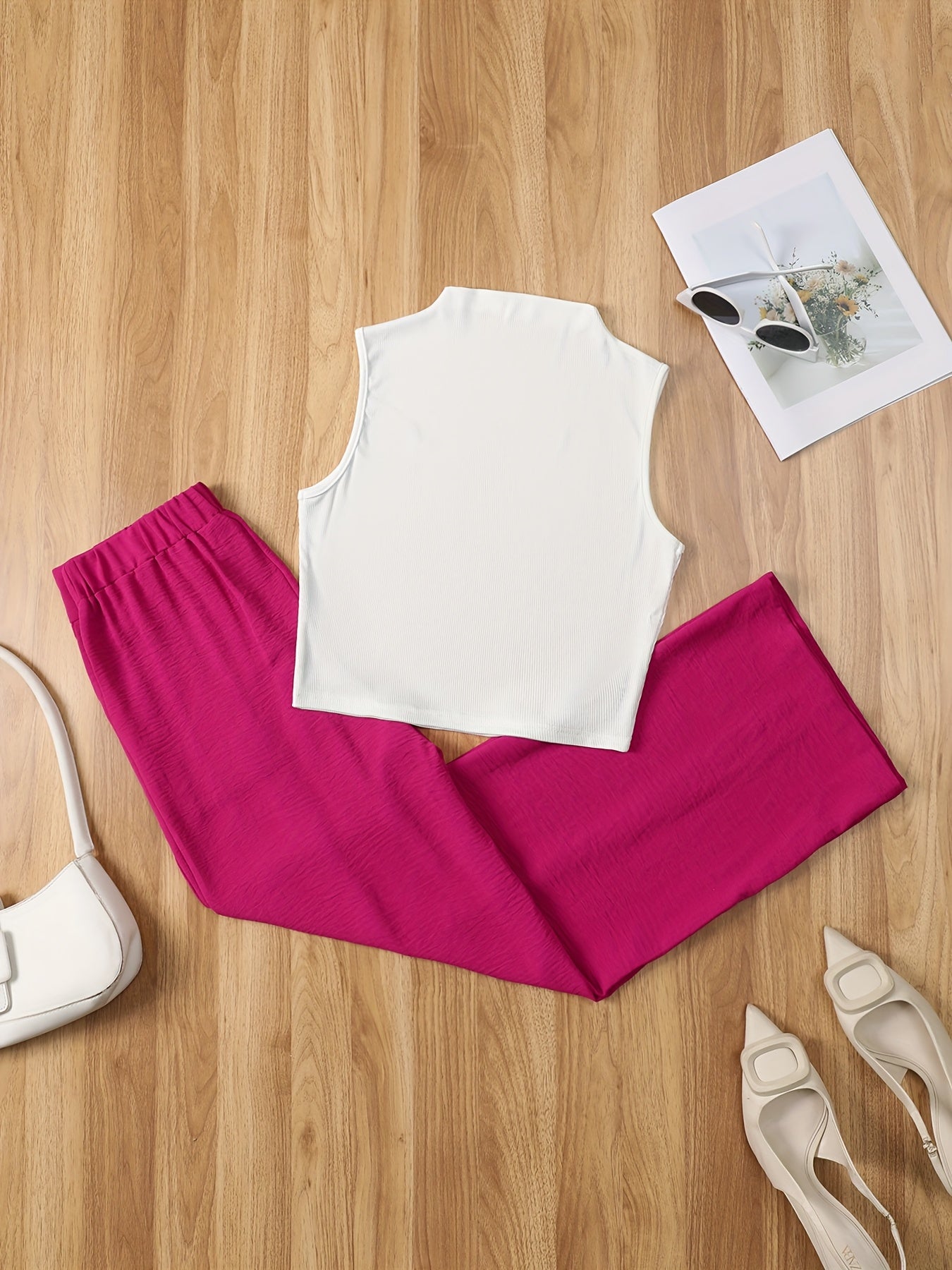 Damen Elegantes Set – Ärmelloses Oberteil mit Stehkragen und Weite Hose, Perfekt für Büro und Alltag