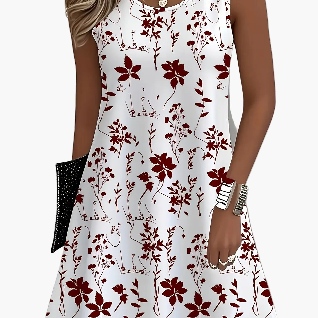 Damen Sommerkleid ärmellos mit floralem Print, elegantes Freizeitkleid für Alltag und Urlaub