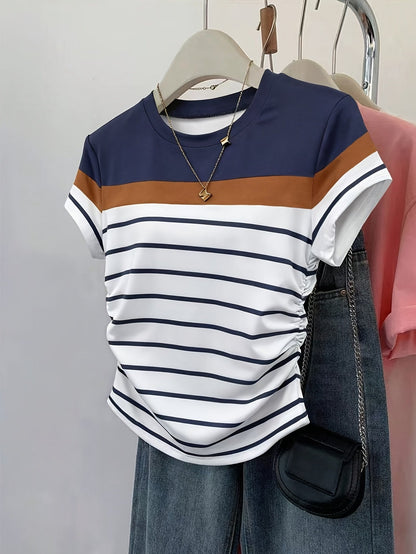 Damen T-Shirt im Streifen-Design mit modischen Raffungen – Perfekt für Freizeit und Alltag