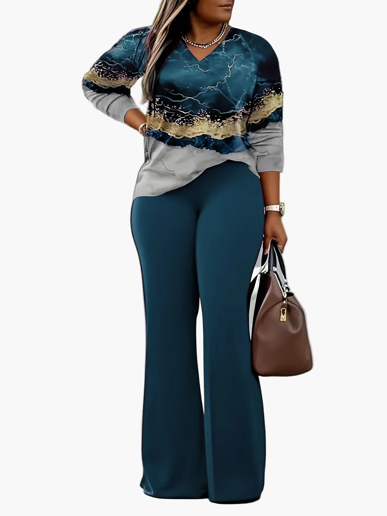 Damen Elegantes Freizeit-Outfit mit Weitbein-Hose und Modernem Print-Oberteil – Perfekt für Alltag und Ausflüge