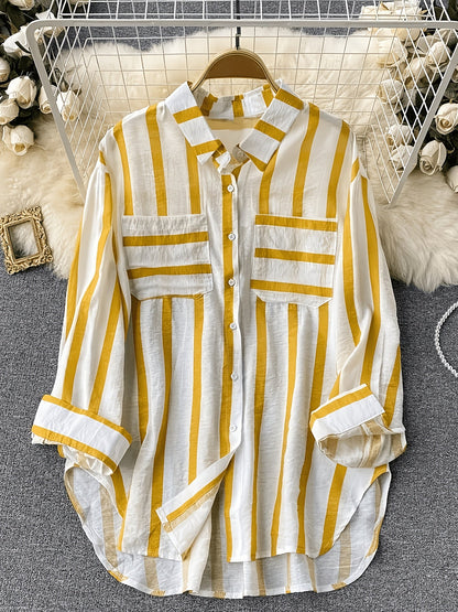 Damen Streifen-Bluse im klassischen Hemd-Stil – Modisches Freizeit- und Büro-Outfit