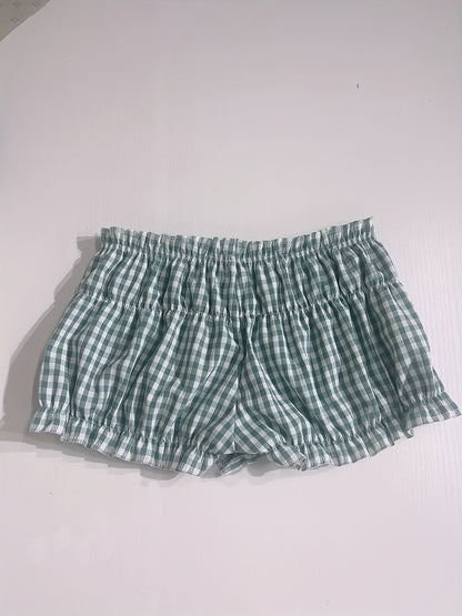 Damen Y2K Karo Rüschen Shorts – Vintage Style Loungewear & Pyjamashorts