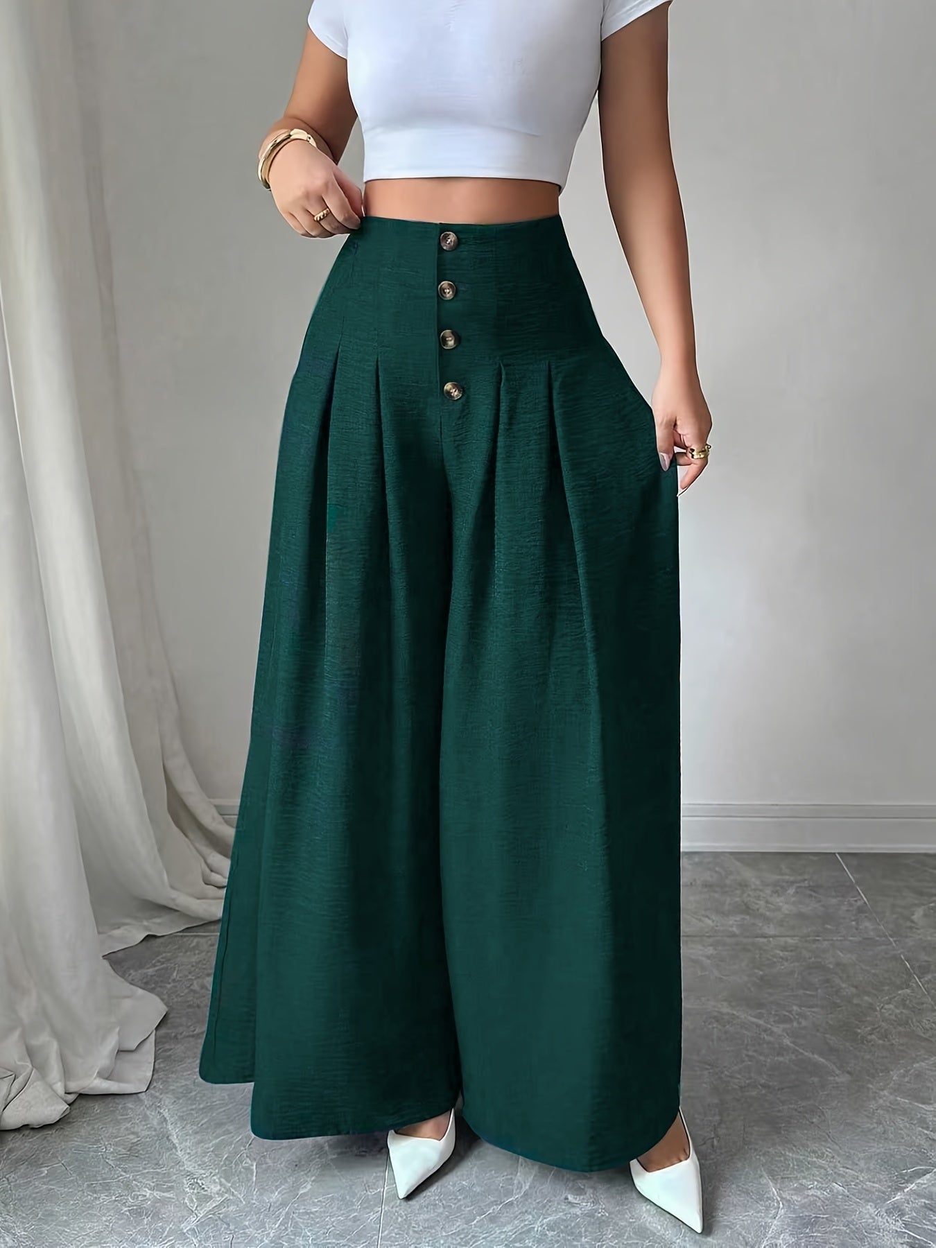 Damen Weite High-Waist-Hose mit Knopfdetails und Eleganten Falten – Modische Business & Freizeit Wide Leg Pants