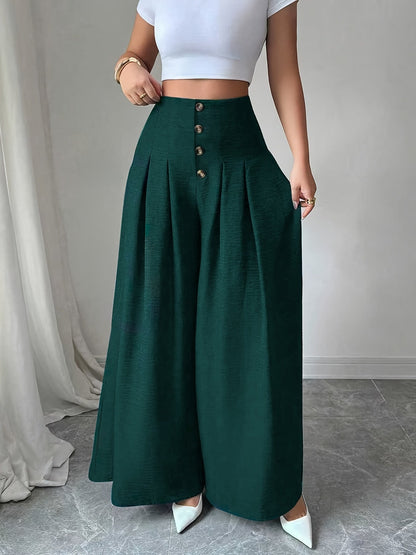 Damen Weite High-Waist-Hose mit Knopfdetails und Eleganten Falten – Modische Business & Freizeit Wide Leg Pants