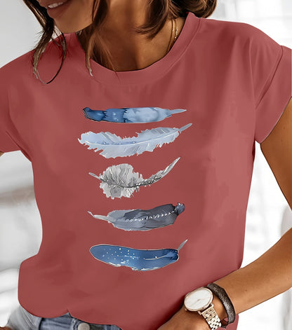 Damen T-Shirt mit künstlerischem Feder-Print – Lässiger Stil für Alltag & Freizeit
