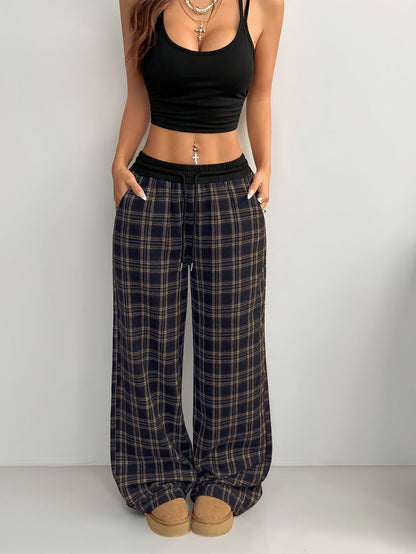 Damen Weite Freizeit-Hose mit Karomuster und Tunnelzug – Lässiger Streetstyle für Alltag & Wochenende