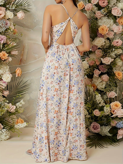 Damen Maxikleid mit Blumenmuster und hohem Beinschlitz – Elegantes Abend- & Partykleid