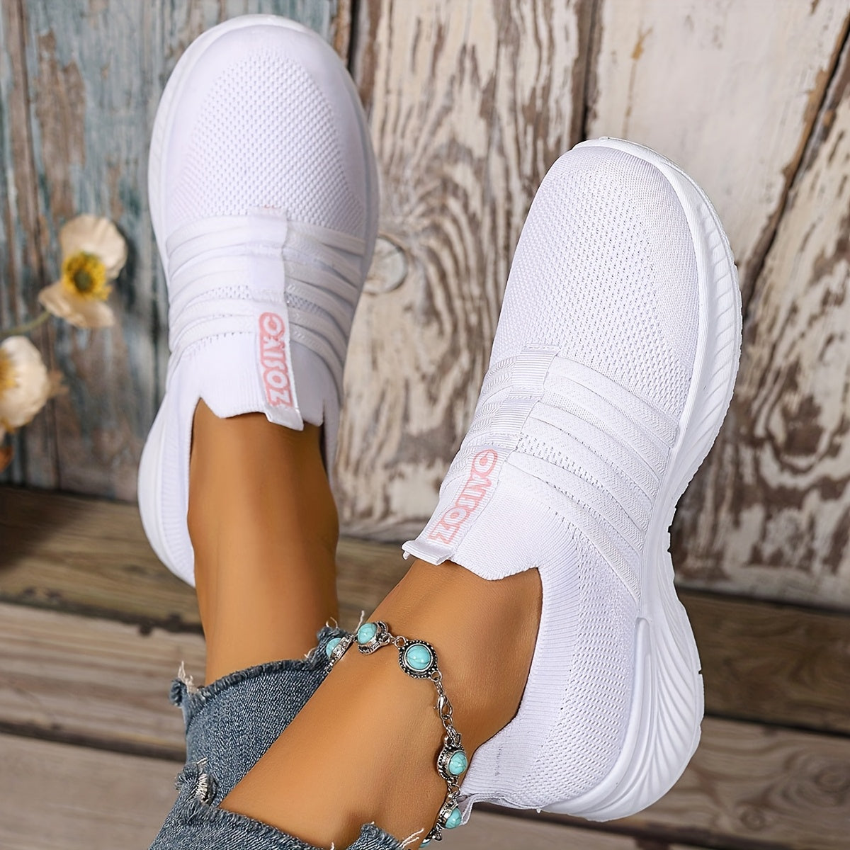 Damen Slip-On Sneakers Freizeit Bequeme Low-Top Schuhe mit Streifen-Design