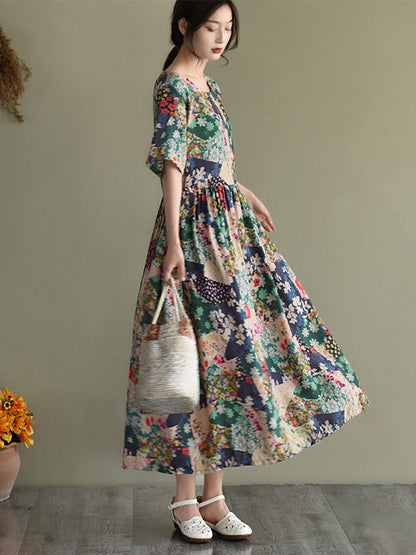 Damen Vintage Sommerkleid mit Blumenmuster – Lockeres Retro Maxikleid, Alltag & Urlaub