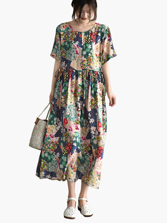 Damen Vintage Sommerkleid mit Blumenmuster – Lockeres Retro Maxikleid, Alltag & Urlaub