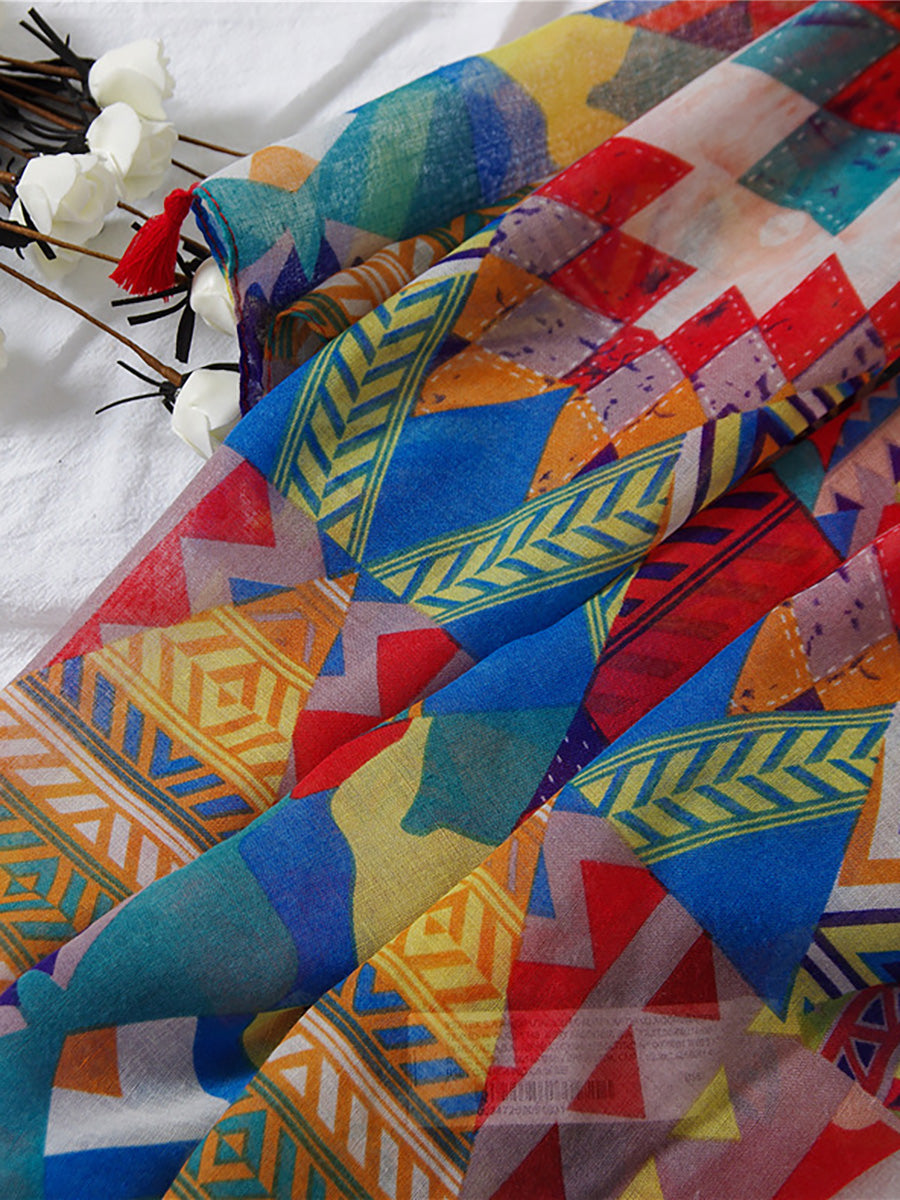 Damen Schal mit geometrischem Blumenmuster und Quasten – Modischer Frühlings- und Sommerschal
