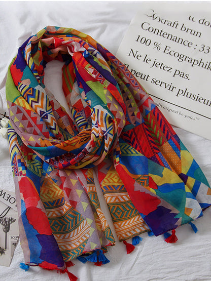 Damen Schal mit geometrischem Blumenmuster und Quasten – Modischer Frühlings- und Sommerschal