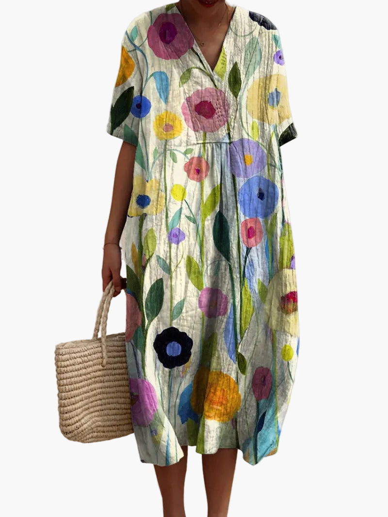 Damen Sommerkleid Freizeitkleid mit Blumenmuster und V-Ausschnitt – Lockeres Maxikleid für Urlaub, Strand & Alltag