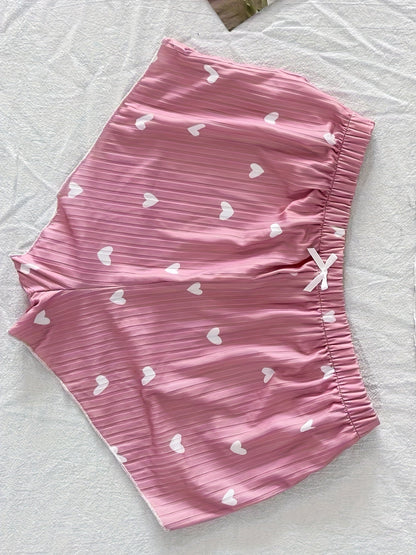 Damen Pyjama Set mit Herzchen-Muster und Schleifen – Zweiteiliger Schlafanzug, bequem & süß, ideal für Sommer