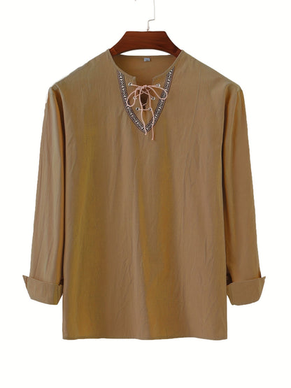 Herren Vintage Tunika mit Schnürung und geometrischer Stickerei – Freizeit & Alltag