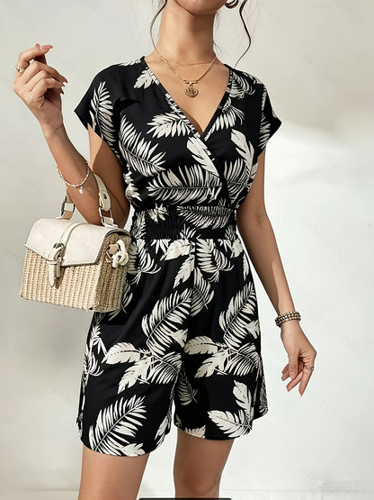 Damen Jumpsuit mit V-Ausschnitt und tropischem Print – Eleganter Freizeit Einteiler mit Taillenbetonung