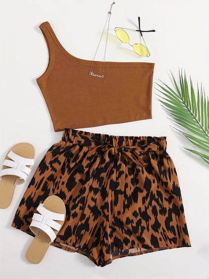 Damen Sommer Set mit Ein-Schulter-Top und Animalprint Shorts – Modisches Freizeit Outfit