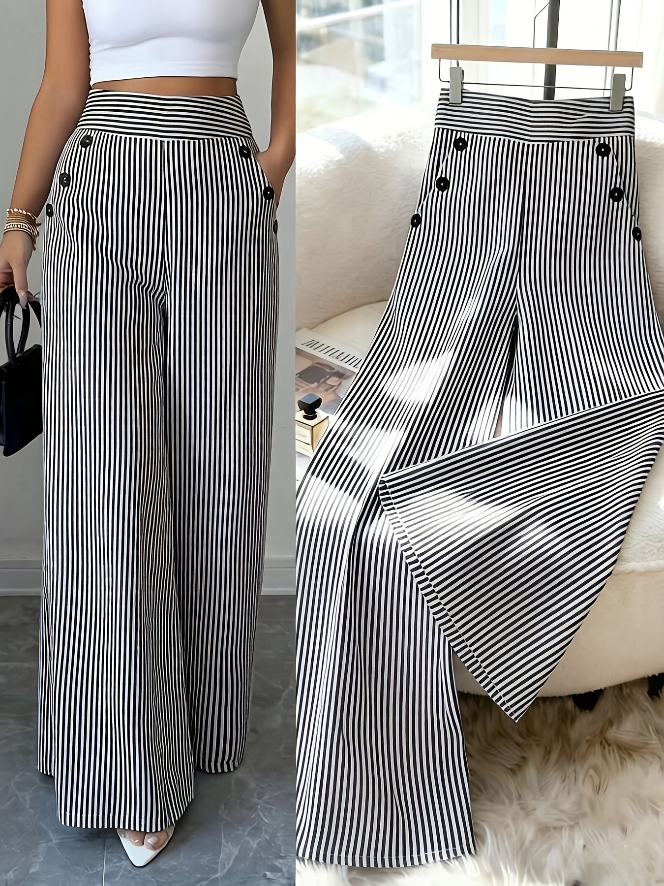 Damen Maritim-Style High-Waist Weitbein-Hose mit Streifen und Knopfdetails